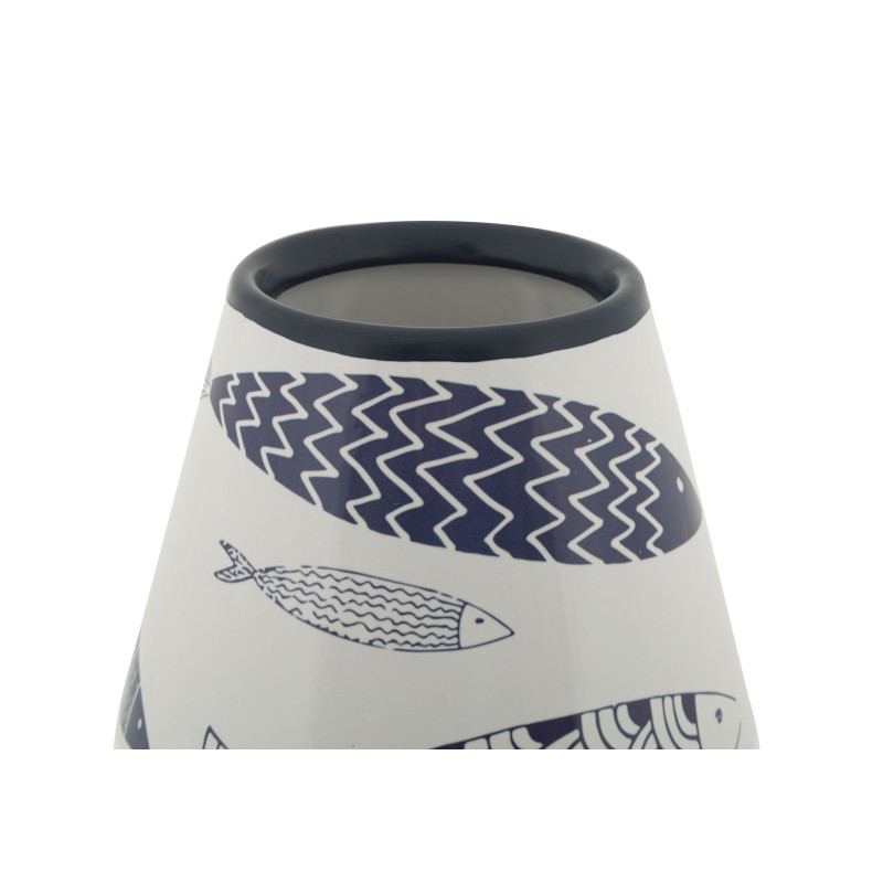 Vase design bord de mer Rond Hauteur 34 cm en Céramique Blanc Bleu Motif poissons Fish 