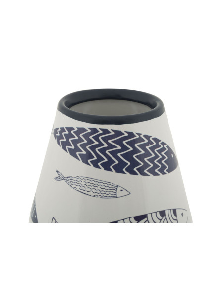 Vase design bord de mer Rond Hauteur 34 cm en Céramique Blanc Bleu Motif poissons Fish 