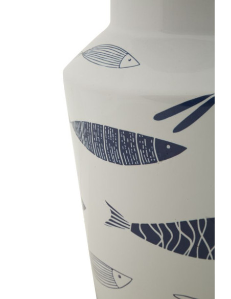Vase design bord de mer Rond Hauteur 34 cm en Céramique Blanc Bleu Motif poissons Fish 