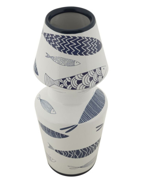 Vase design bord de mer Rond Hauteur 34 cm en Céramique Blanc Bleu Motif poissons Fish 