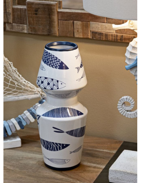 Vase design bord de mer Rond Hauteur 34 cm en Céramique Blanc Bleu Motif poissons Fish 