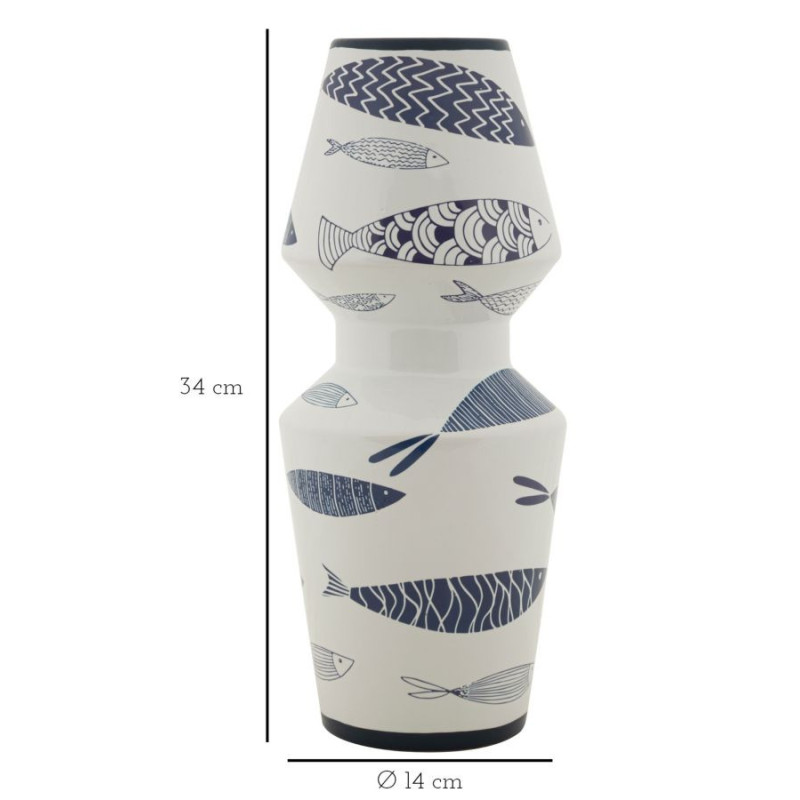 Vase design bord de mer Rond Hauteur 34 cm en Céramique Blanc Bleu Motif poissons Fish 