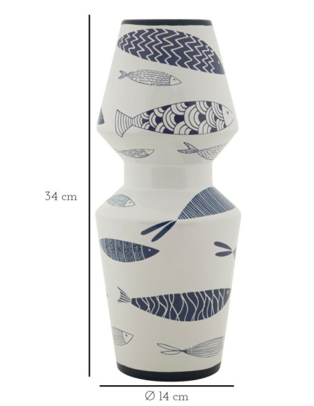 Vase design bord de mer Rond Hauteur 34 cm en Céramique Blanc Bleu Motif poissons Fish 