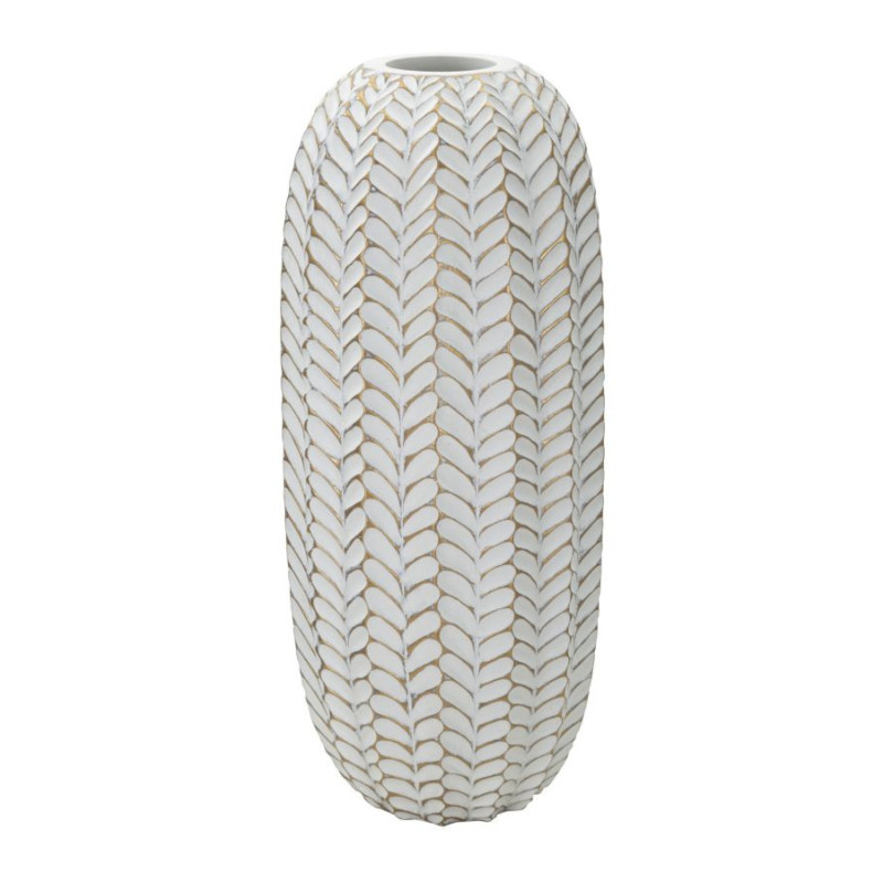 Vase moderne Cylindrique Hauteur 46 cm en Résine Doré Blanc Motif feuilles Leaf 