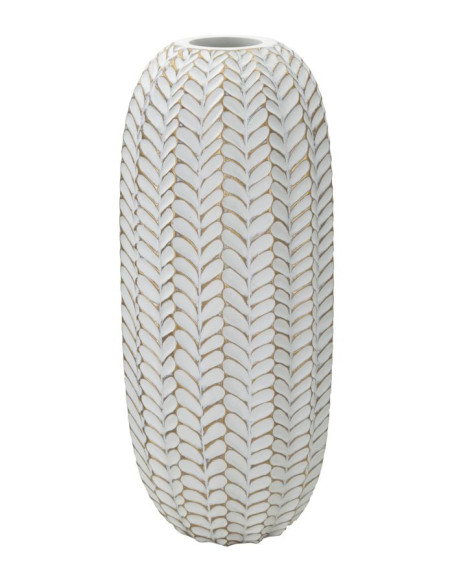 Vase moderne Cylindrique Hauteur 46 cm en Résine Doré Blanc Motif feuilles Leaf 