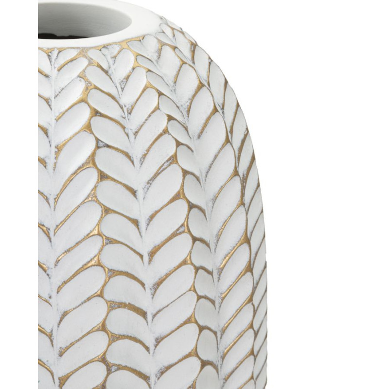 Vase moderne Cylindrique Hauteur 46 cm en Résine Doré Blanc Motif feuilles Leaf 