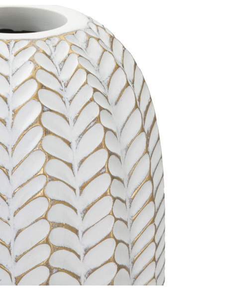 Vase moderne Cylindrique Hauteur 46 cm en Résine Doré Blanc Motif feuilles Leaf 