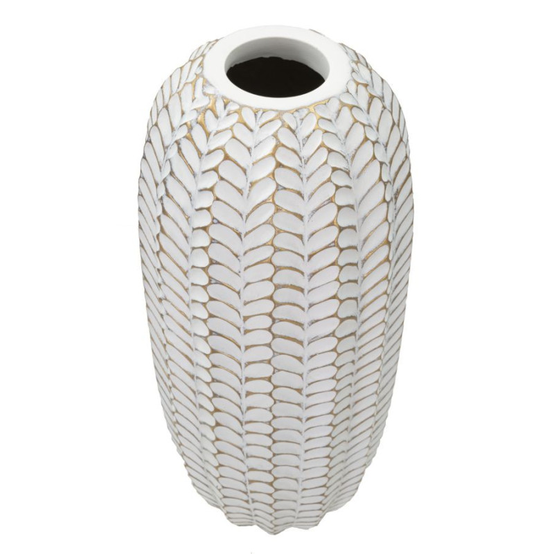 Vase moderne Cylindrique Hauteur 46 cm en Résine Doré Blanc Motif feuilles Leaf 