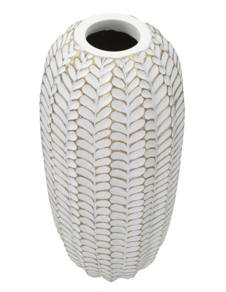 Vase moderne Cylindrique Hauteur 46 cm en Résine Doré Blanc Motif feuilles Leaf 