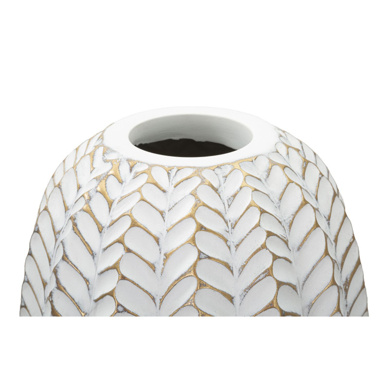 Vase moderne Cylindrique Hauteur 46 cm en Résine Doré Blanc Motif feuilles Leaf 