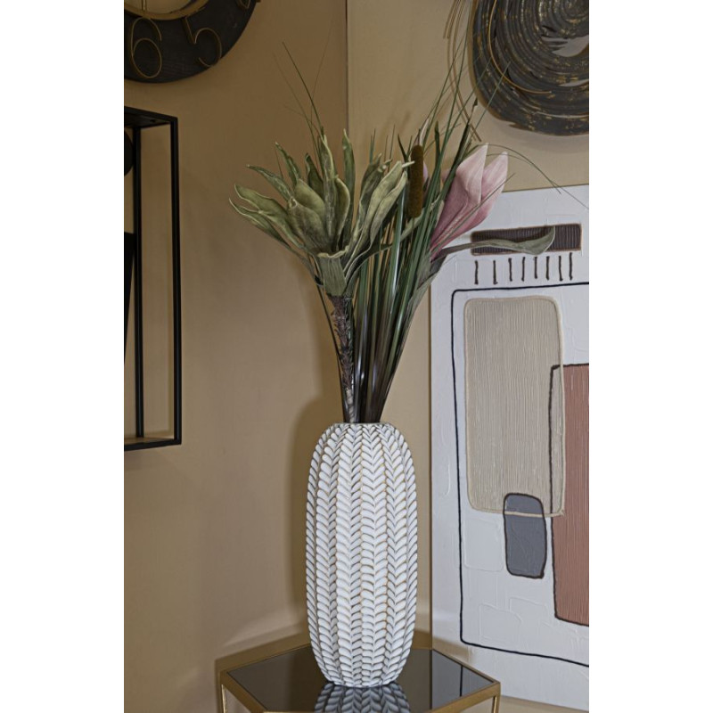 Vase moderne Cylindrique Hauteur 46 cm en Résine Doré Blanc Motif feuilles Leaf 