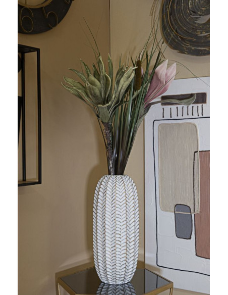 Vase moderne Cylindrique Hauteur 46 cm en Résine Doré Blanc Motif feuilles Leaf 