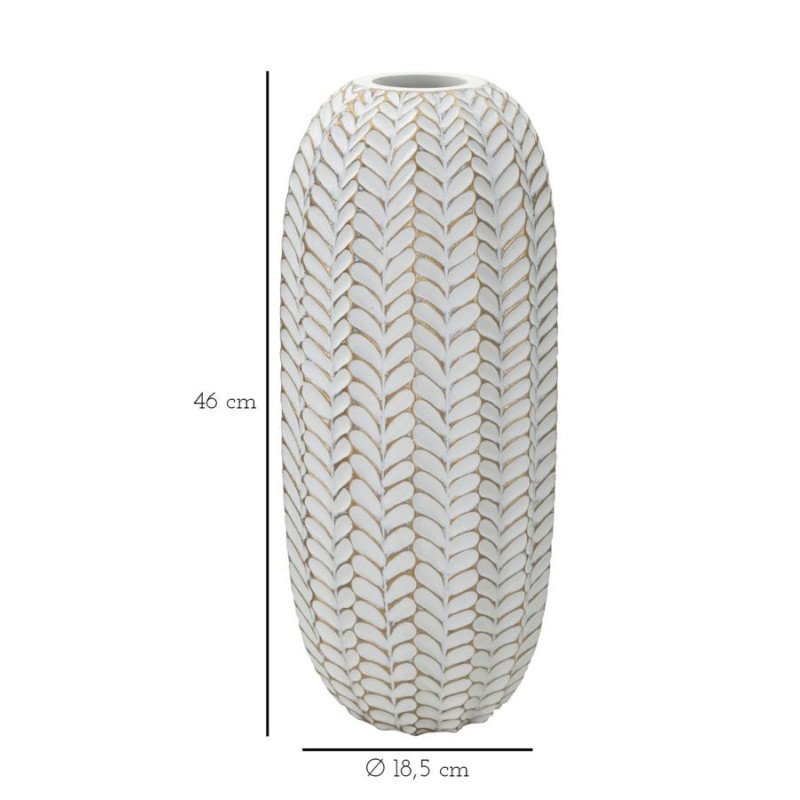 Vase moderne Cylindrique Hauteur 46 cm en Résine Doré Blanc Motif feuilles Leaf 