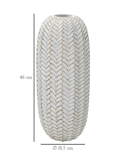 Vase moderne Cylindrique Hauteur 46 cm en Résine Doré Blanc Motif feuilles Leaf 