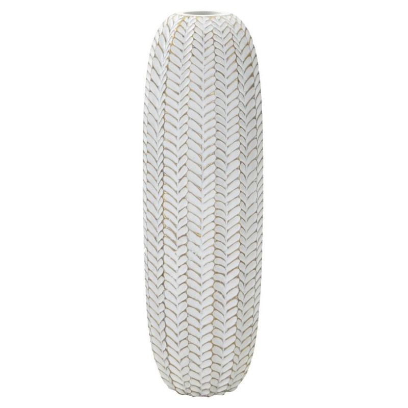 Vase moderne XL Cylindrique Hauteur 67 cm en Résine Doré Blanc Motif feuilles Leaf 