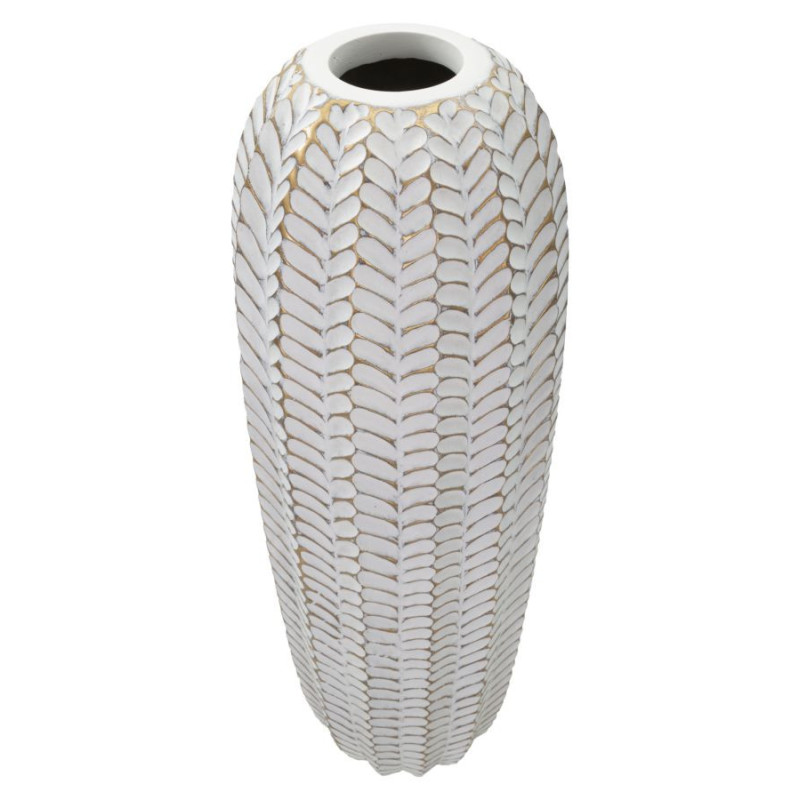 Vase moderne XL Cylindrique Hauteur 67 cm en Résine Doré Blanc Motif feuilles Leaf 