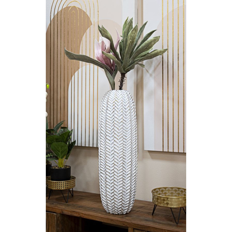 Vase moderne XL Cylindrique Hauteur 67 cm en Résine Doré Blanc Motif feuilles Leaf 