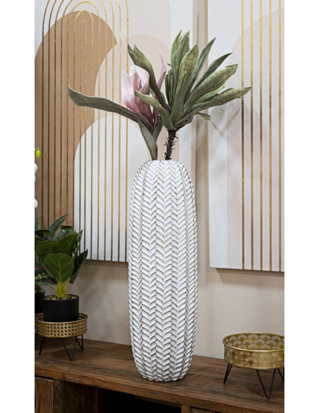 Vase moderne XL Cylindrique Hauteur 67 cm en Résine Doré Blanc Motif feuilles Leaf 