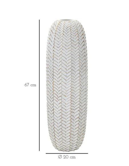 Vase moderne XL Cylindrique Hauteur 67 cm en Résine Doré Blanc Motif feuilles Leaf 