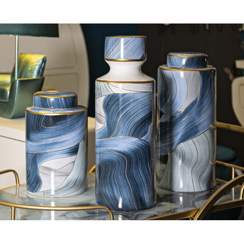 Vase moderne Rond Hauteur 34 cm en Céramique Bleu Doré Elegant 