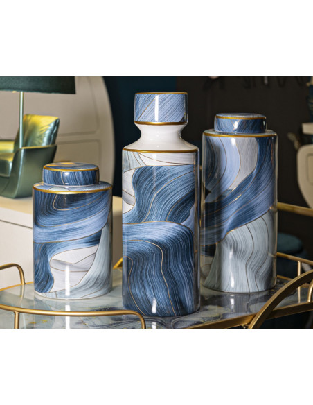 Vase moderne Rond Hauteur 34 cm en Céramique Bleu Doré Elegant 