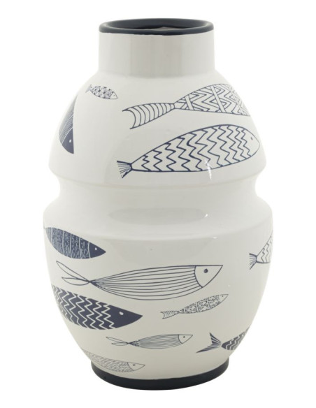 Vase moderne bord de mer Rond Hauteur 31 cm en Céramique Blanc Bleu Motif poissons Fish 