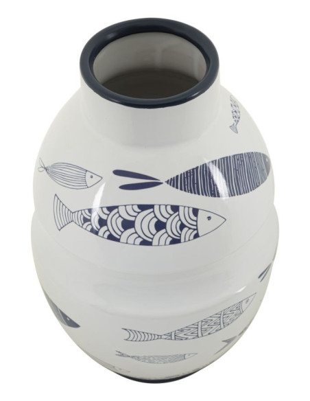 Vase moderne bord de mer Rond Hauteur 31 cm en Céramique Blanc Bleu Motif poissons Fish 