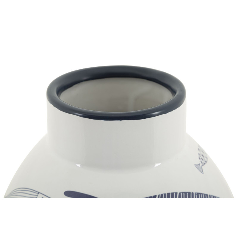 Vase moderne bord de mer Rond Hauteur 31 cm en Céramique Blanc Bleu Motif poissons Fish 