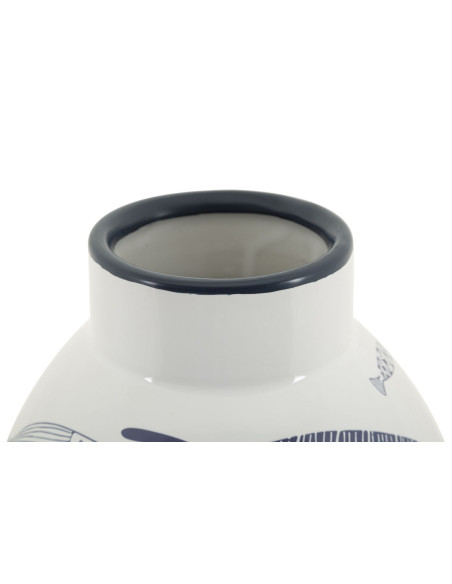 Vase moderne bord de mer Rond Hauteur 31 cm en Céramique Blanc Bleu Motif poissons Fish 