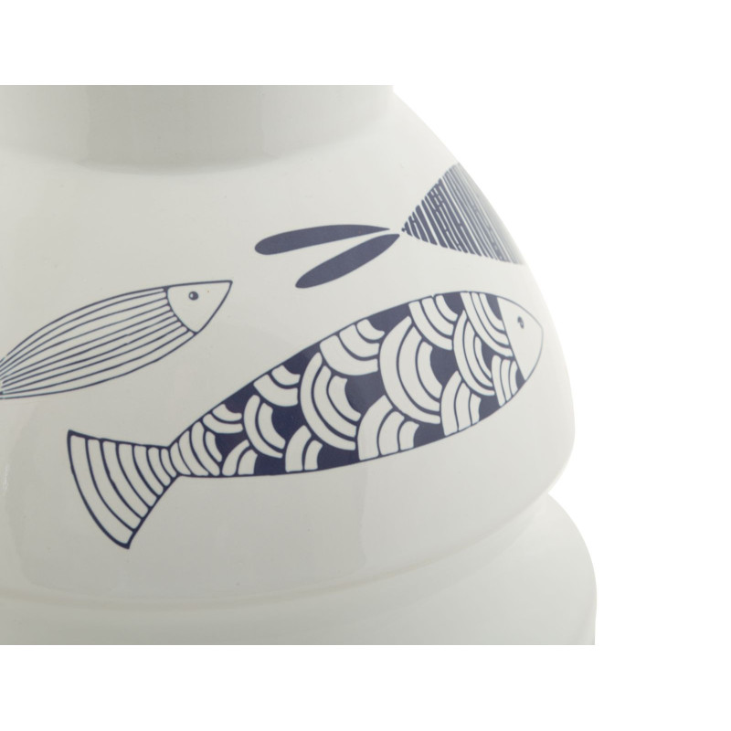 Vase moderne bord de mer Rond Hauteur 31 cm en Céramique Blanc Bleu Motif poissons Fish 