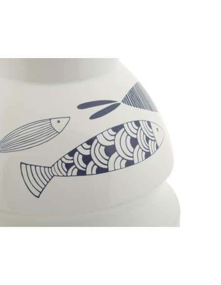 Vase moderne bord de mer Rond Hauteur 31 cm en Céramique Blanc Bleu Motif poissons Fish 