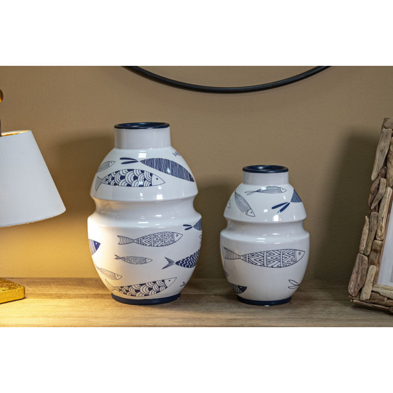 Vase moderne bord de mer Rond Hauteur 31 cm en Céramique Blanc Bleu Motif poissons Fish 