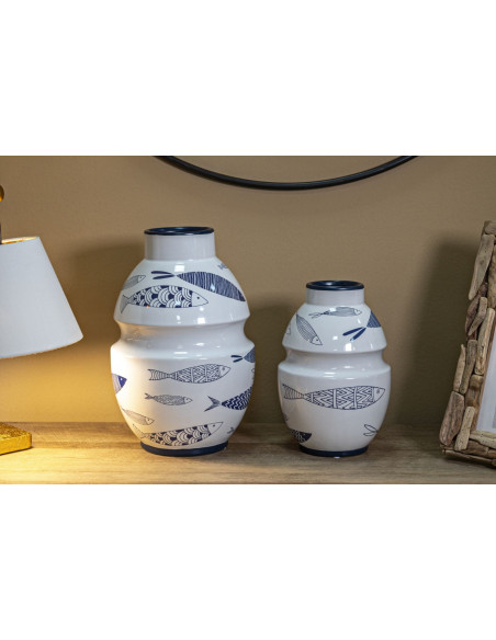 Vase moderne bord de mer Rond Hauteur 31 cm en Céramique Blanc Bleu Motif poissons Fish 