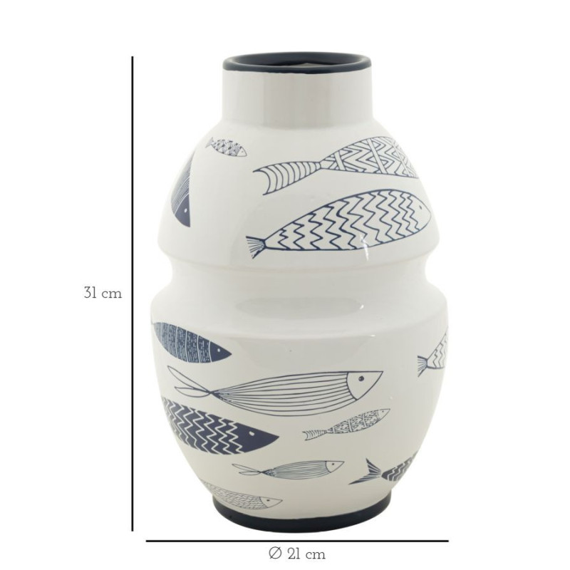 Vase moderne bord de mer Rond Hauteur 31 cm en Céramique Blanc Bleu Motif poissons Fish 