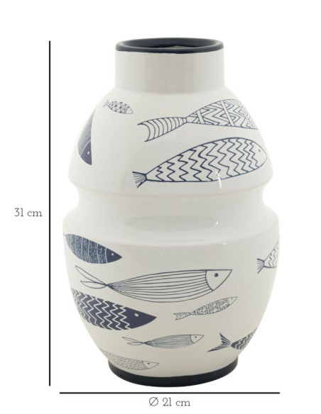 Vase moderne bord de mer Rond Hauteur 31 cm en Céramique Blanc Bleu Motif poissons Fish 