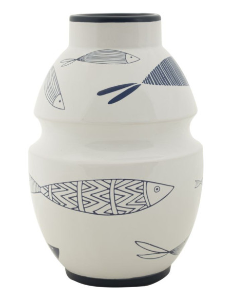 Vase moderne bord de mer Rond Hauteur 24 cm en Céramique Blanc Bleu Motif poissons Fish 