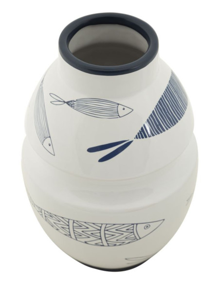 Vase moderne bord de mer Rond Hauteur 24 cm en Céramique Blanc Bleu Motif poissons Fish 