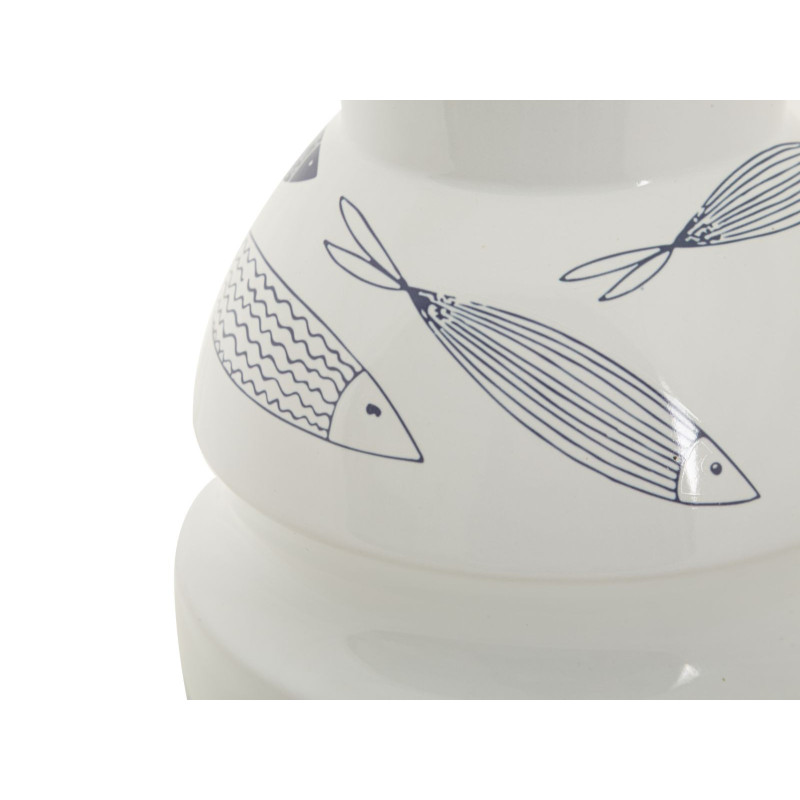 Vase moderne bord de mer Rond Hauteur 24 cm en Céramique Blanc Bleu Motif poissons Fish 