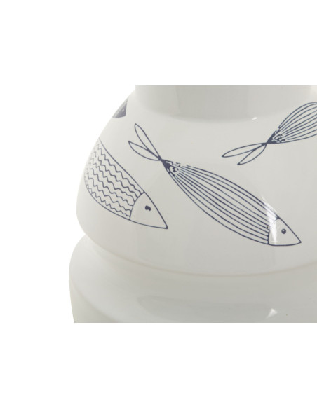 Vase moderne bord de mer Rond Hauteur 24 cm en Céramique Blanc Bleu Motif poissons Fish 