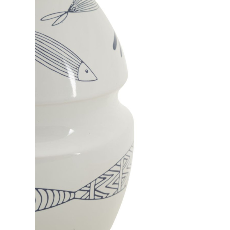 Vase moderne bord de mer Rond Hauteur 24 cm en Céramique Blanc Bleu Motif poissons Fish 