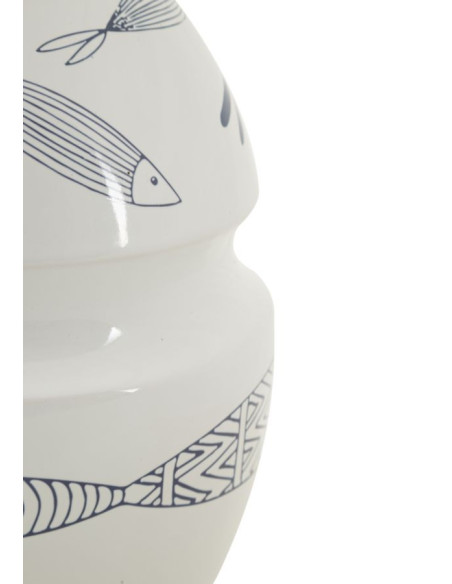 Vase moderne bord de mer Rond Hauteur 24 cm en Céramique Blanc Bleu Motif poissons Fish 
