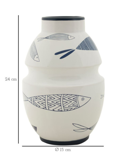 Vase moderne bord de mer Rond Hauteur 24 cm en Céramique Blanc Bleu Motif poissons Fish 