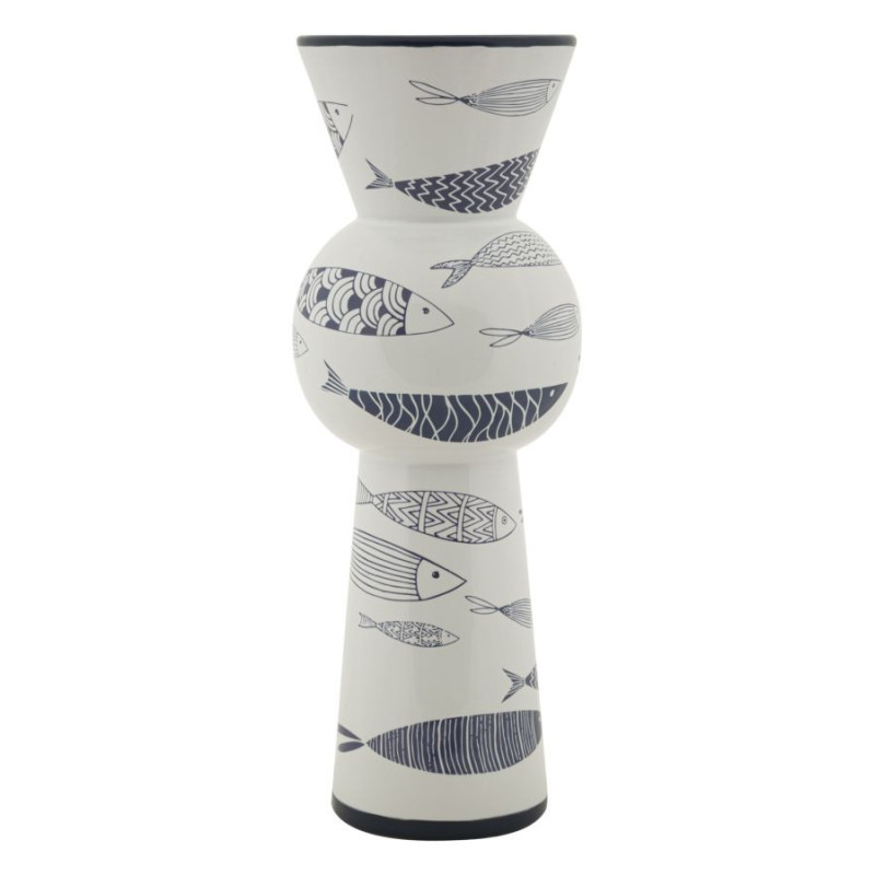 Vase design bord de mer Conique Hauteur 38 cm en Céramique Blanc Bleu Motif poissons Fish 