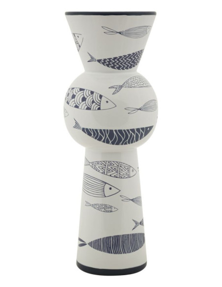 Vase design bord de mer Conique Hauteur 38 cm en Céramique Blanc Bleu Motif poissons Fish 