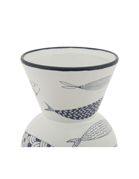 Vase design bord de mer Conique Hauteur 38 cm en Céramique Blanc Bleu Motif poissons Fish 