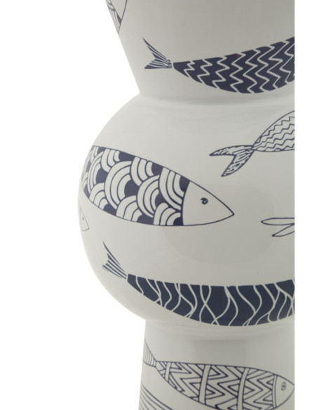 Vase design bord de mer Conique Hauteur 38 cm en Céramique Blanc Bleu Motif poissons Fish 