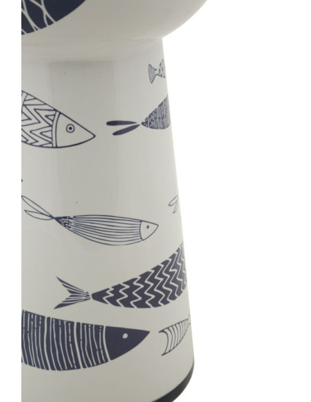 Vase design bord de mer Conique Hauteur 38 cm en Céramique Blanc Bleu Motif poissons Fish 