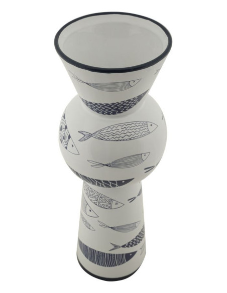 Vase design bord de mer Conique Hauteur 38 cm en Céramique Blanc Bleu Motif poissons Fish 