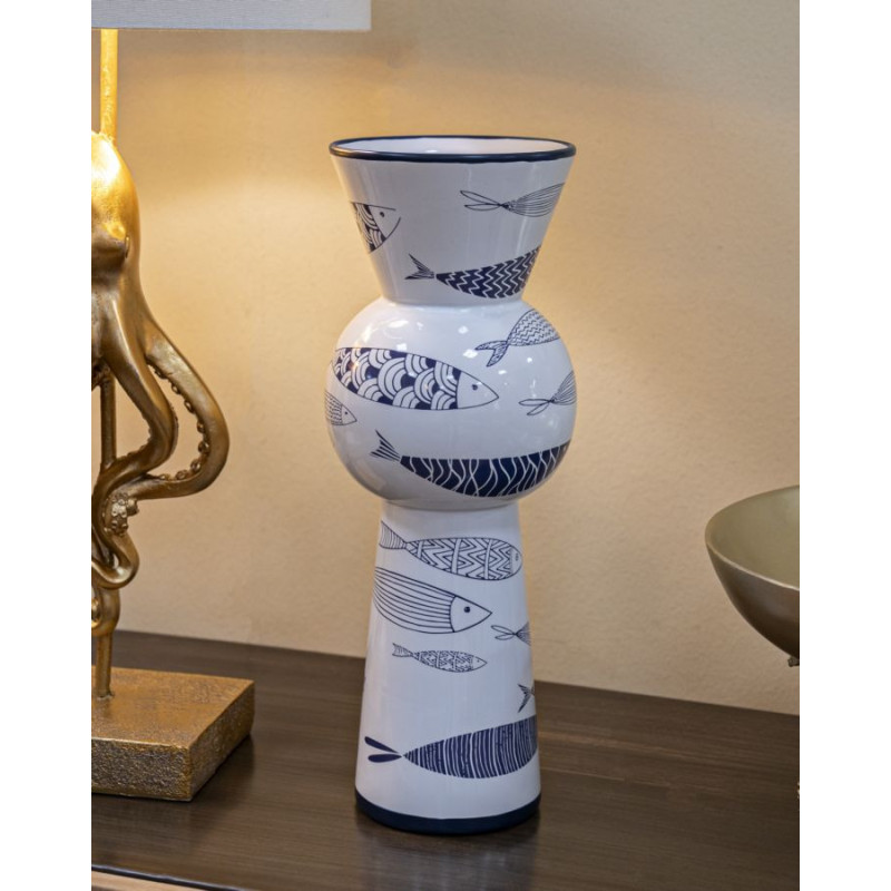 Vase design bord de mer Conique Hauteur 38 cm en Céramique Blanc Bleu Motif poissons Fish 