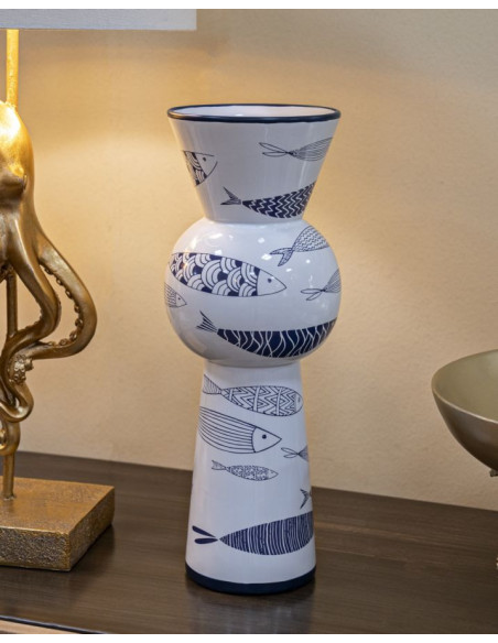 Vase design bord de mer Conique Hauteur 38 cm en Céramique Blanc Bleu Motif poissons Fish 